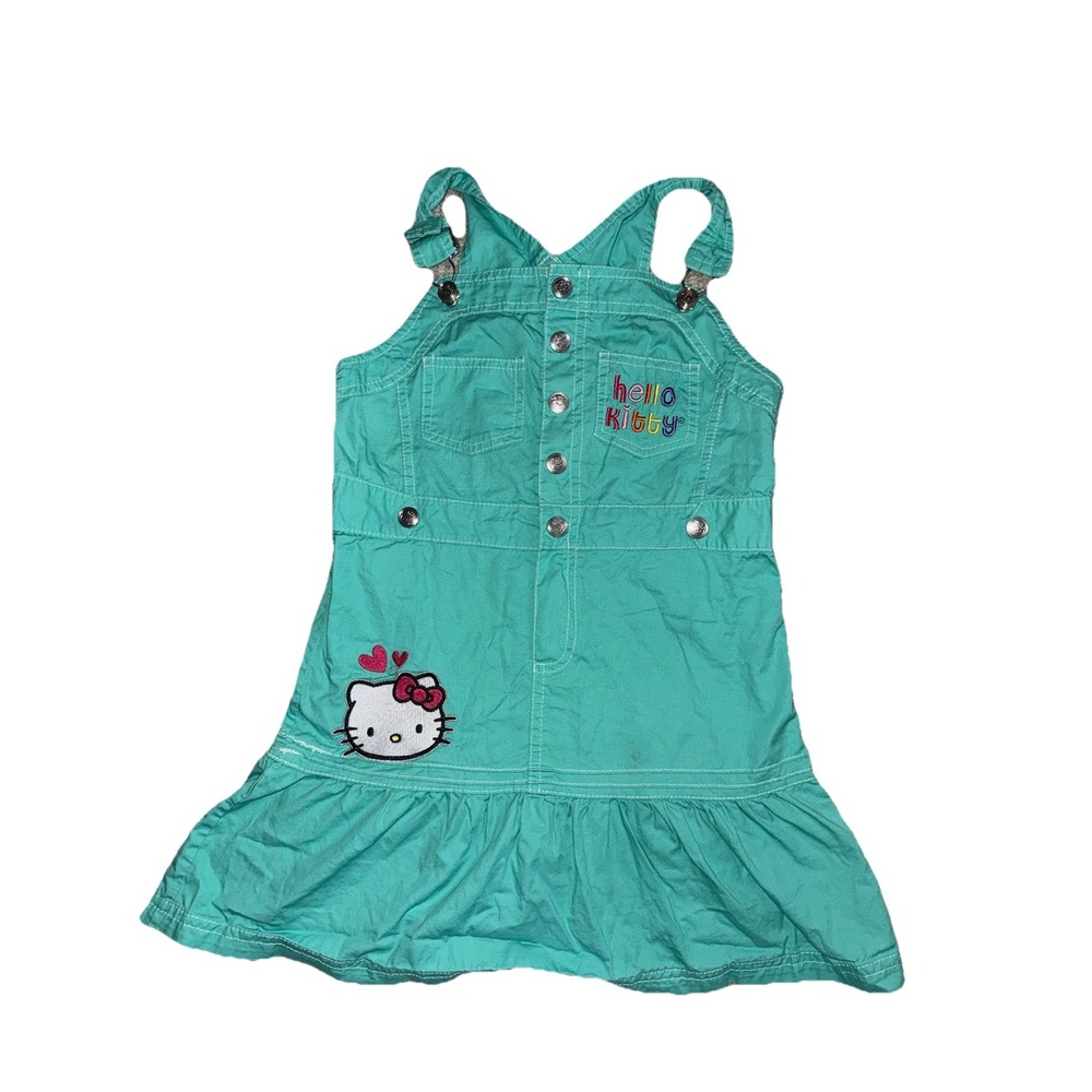 Hello Kitty Sanrio Girl's Denim Button Embroidered Teal Thread‎ Overall Dress 6